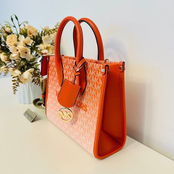 Michael Kors Mirella Small Ombré Signature Logo Crossbody Bag Red Clay - Picture 2 of 10